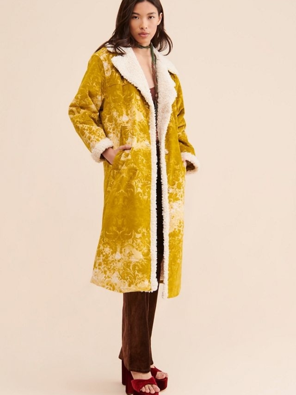 Mustard Yellow Faux-Shearling Long Coat